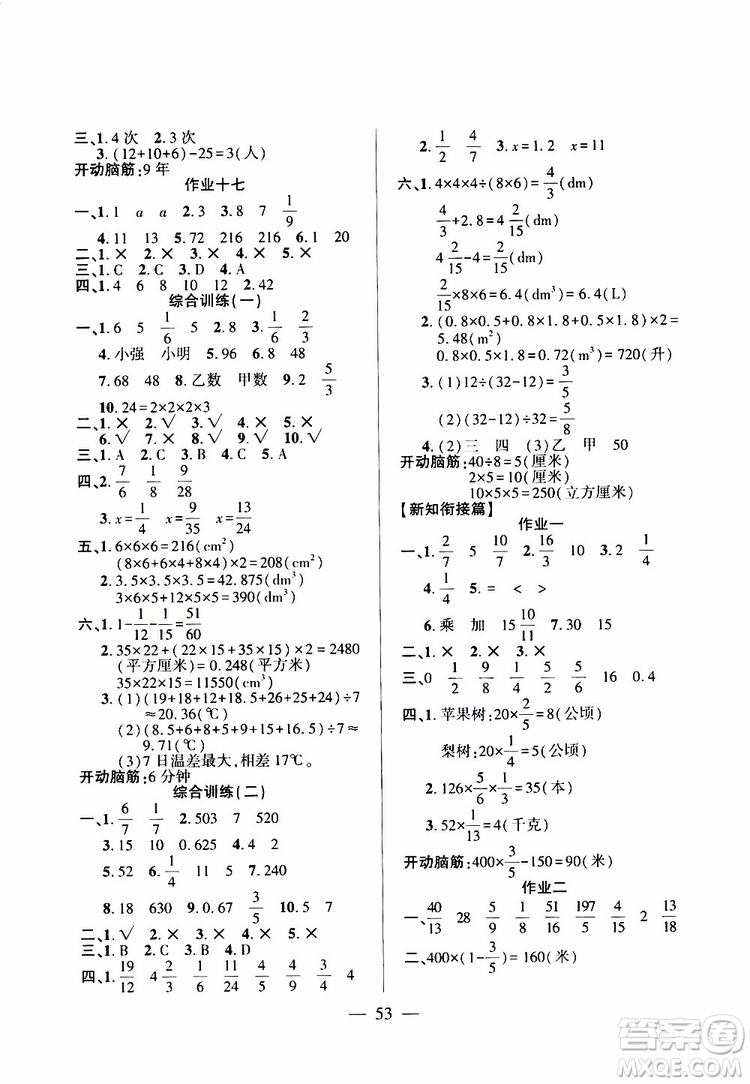 2019年金峰教育開心作業(yè)暑假作業(yè)五年級(jí)數(shù)學(xué)RJ人教版參考答案