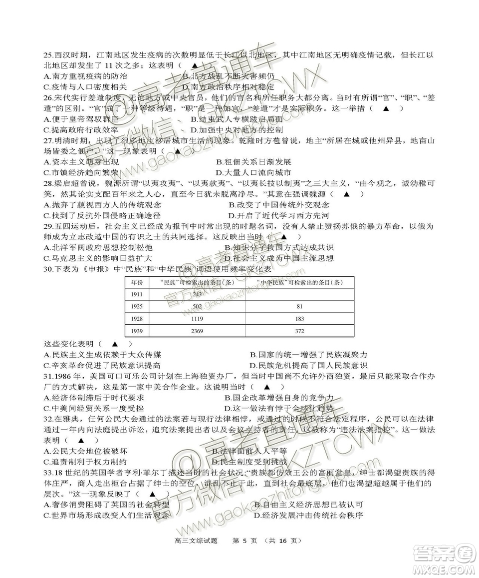 2020屆福建高三百校聯(lián)考文理綜試題及答案