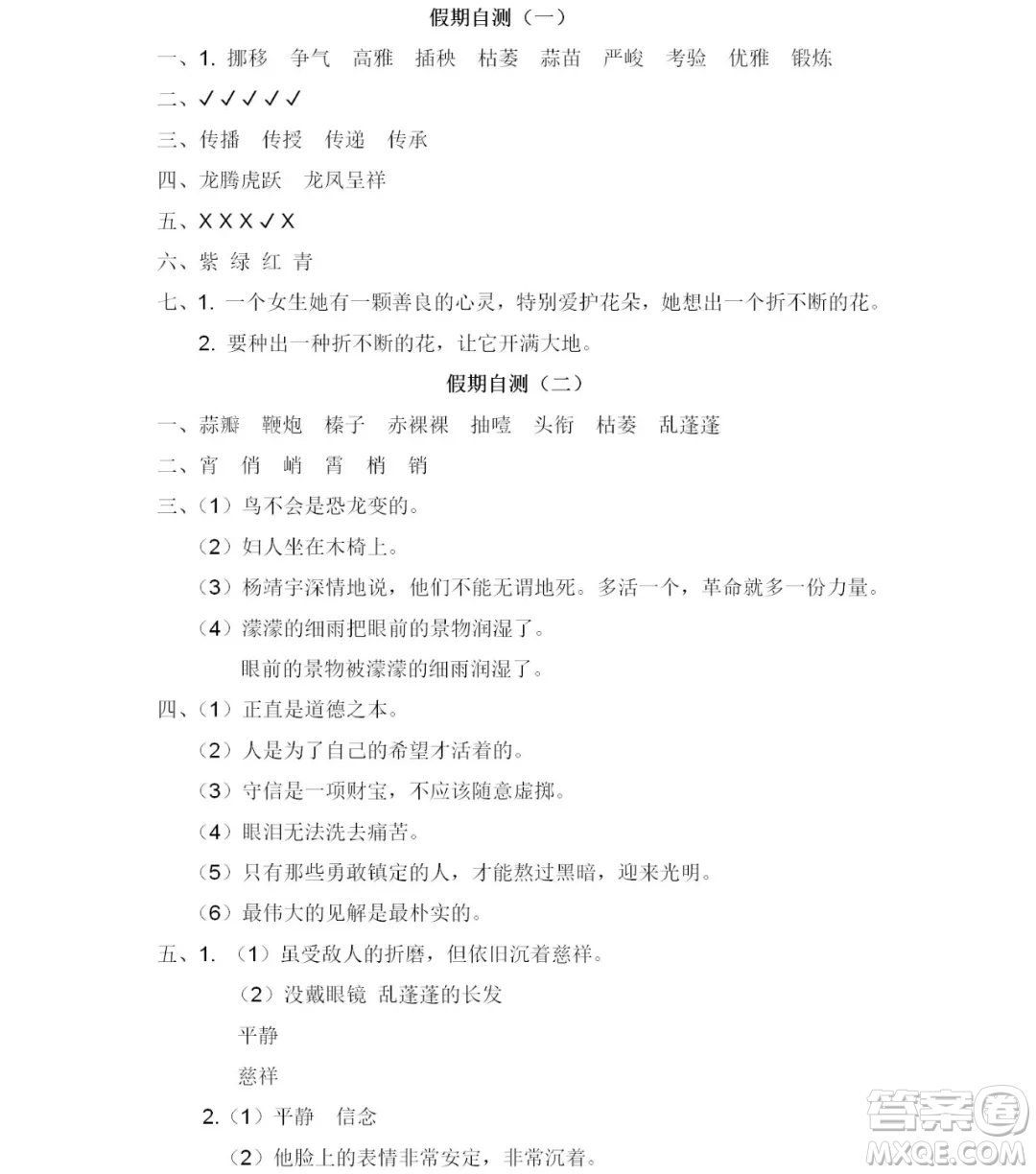 2019宋春生主編陽光假日暑假作業(yè)六年級語文人教版答案