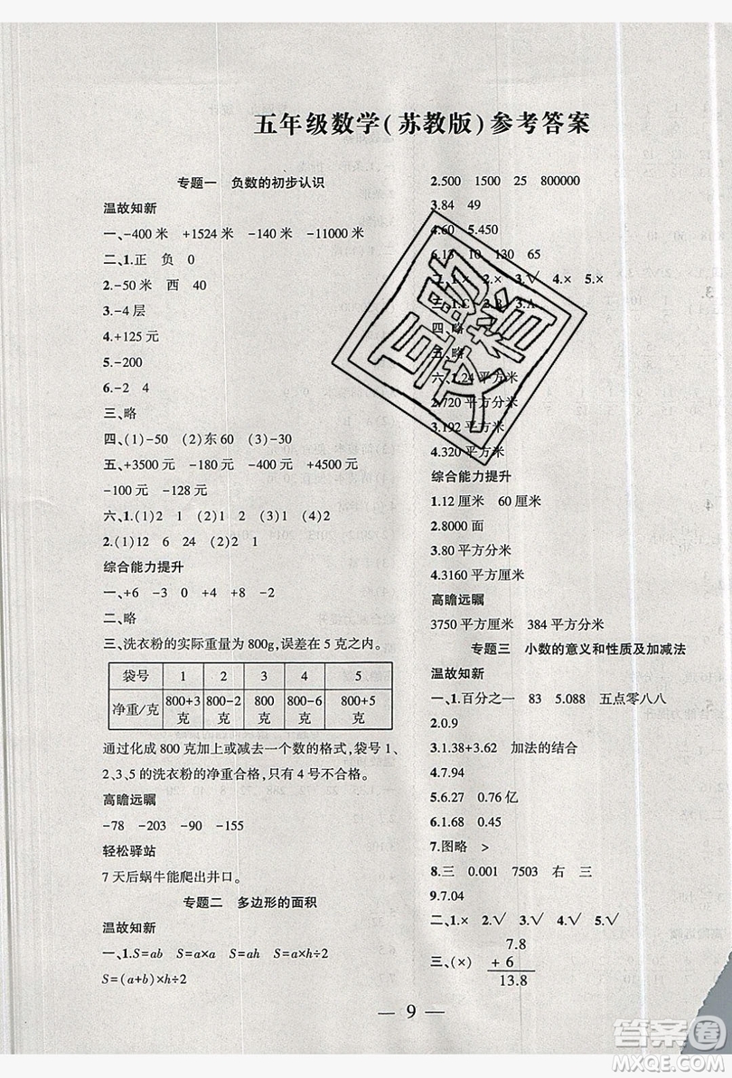 2019假期總動(dòng)員暑假必刷題五年級(jí)數(shù)學(xué)蘇教版答案