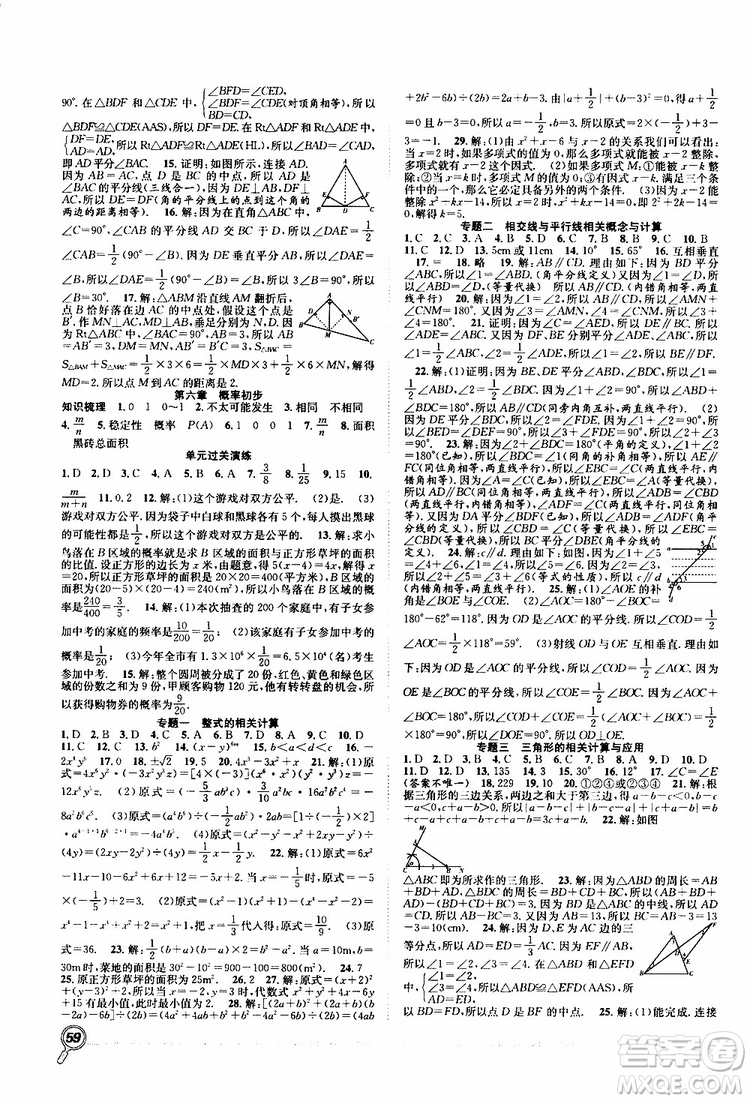 暑假學(xué)期總復(fù)習(xí)2019年贏在假期七年級(jí)數(shù)學(xué)BS北師版參考答案