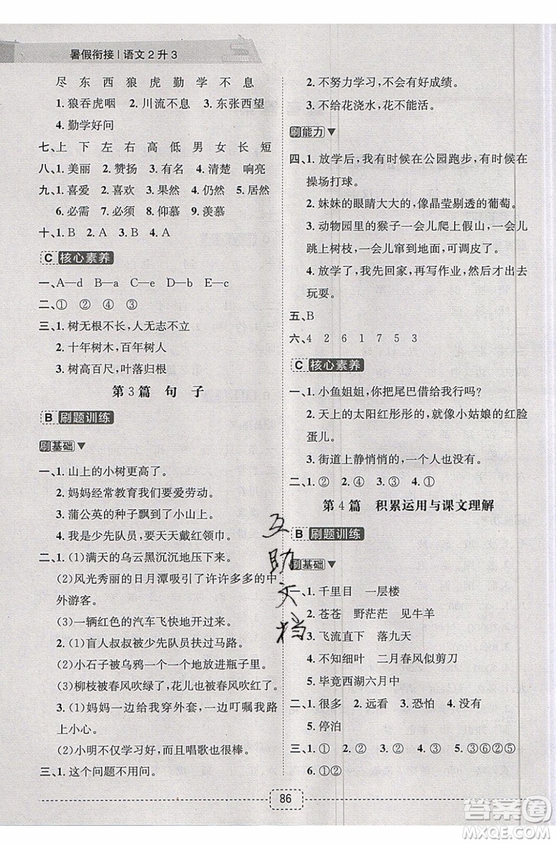 2019新版名師派暑假銜接二升三語(yǔ)文通用版暑假作業(yè)參考答案