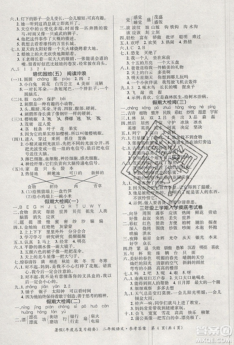 2019年年度總復習精要復習總動員二年級語文人教版答案