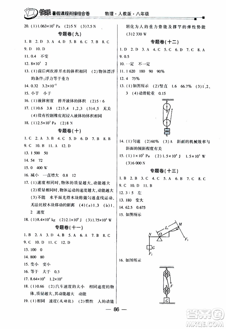 2019年快樂暑假課程銜接組合卷八年級物理人教版參考答案