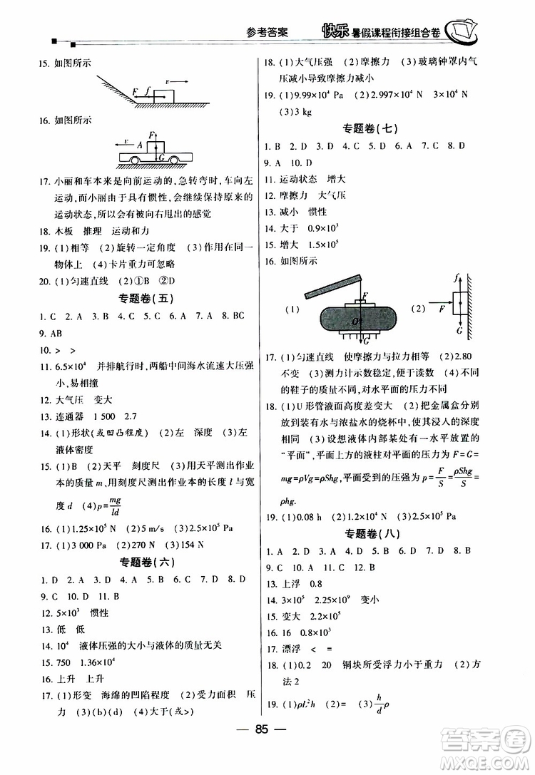 2019年快樂暑假課程銜接組合卷八年級物理人教版參考答案