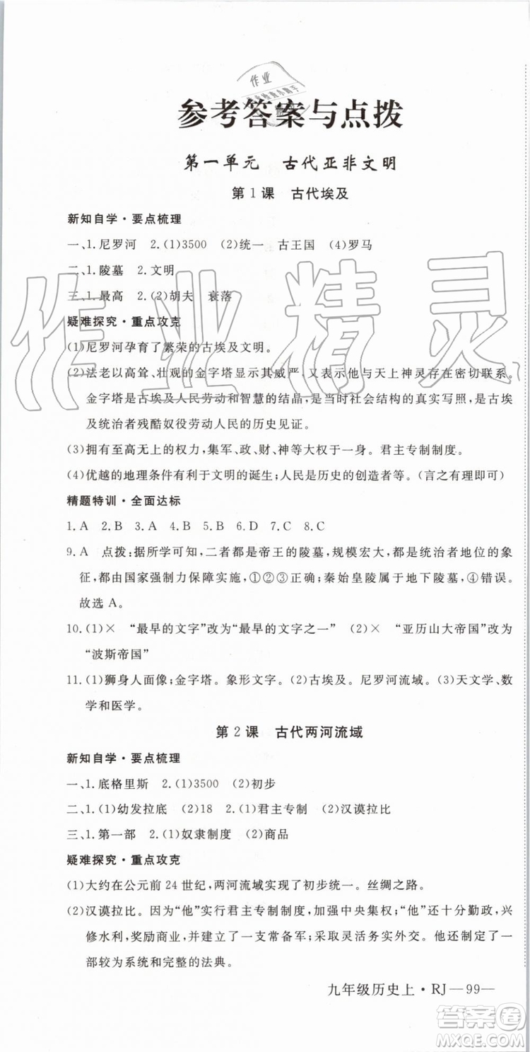 2019秋優(yōu)翼叢書學(xué)練優(yōu)歷史九年級上冊RJ人教版參考答案