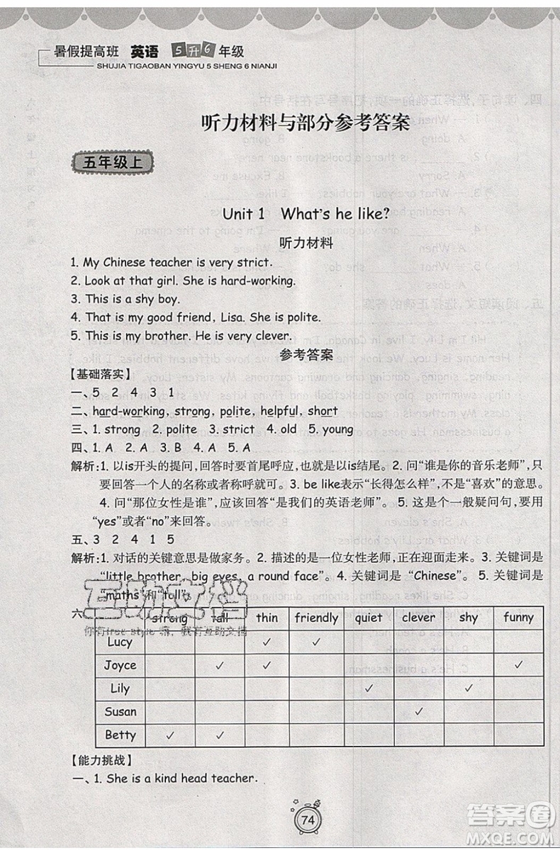 2019年暑假提高班5升6年級(jí)英語(yǔ)小學(xué)五年級(jí)下冊(cè)暑假作業(yè)參考答案