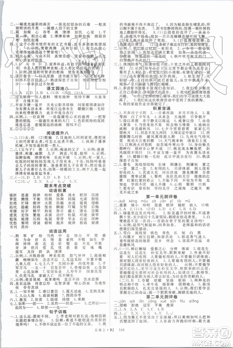 2019年優(yōu)翼學(xué)練優(yōu)五年級(jí)語(yǔ)文上冊(cè)人教版武漢專用參考答案