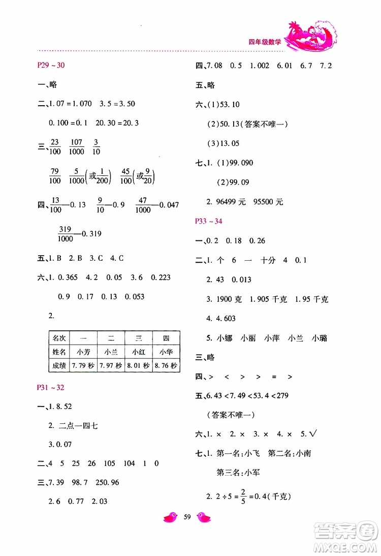 2019年世超金典暑假樂園四年級數(shù)學(xué)參考答案