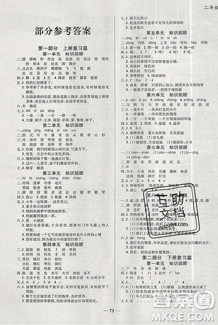 2019年假期特訓年度總復習暑假二年級語文參考答案