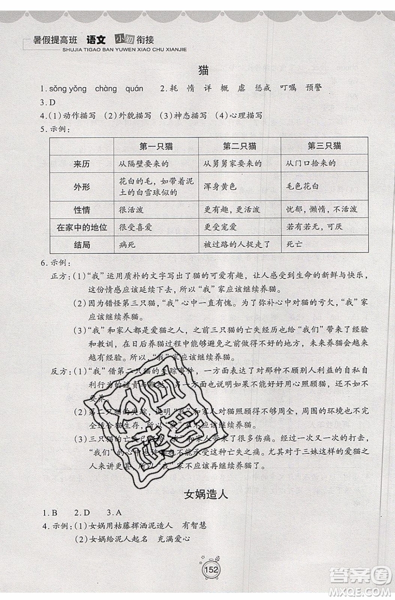 2019年暑假提高班語文小升初銜接假期作業(yè)參考答案