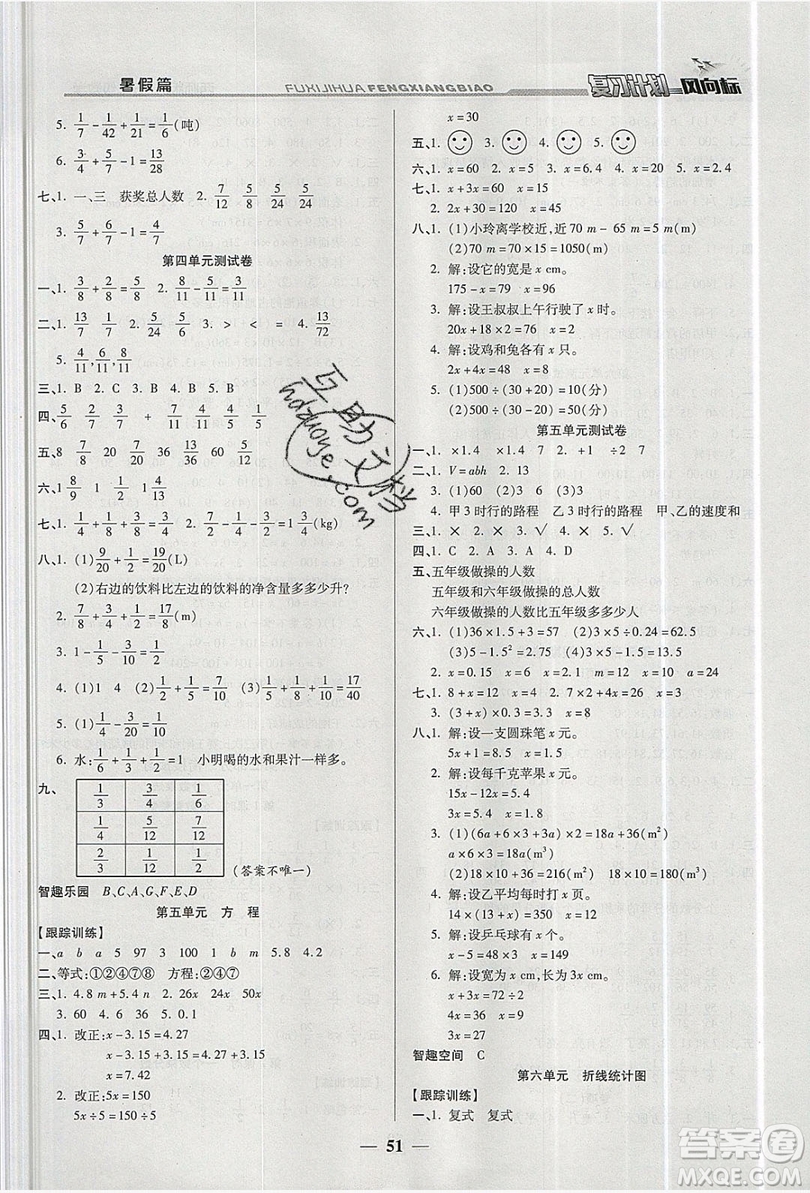 2019小學(xué)生復(fù)習(xí)計劃風(fēng)向標(biāo)暑假五年級數(shù)學(xué)西師大版答案