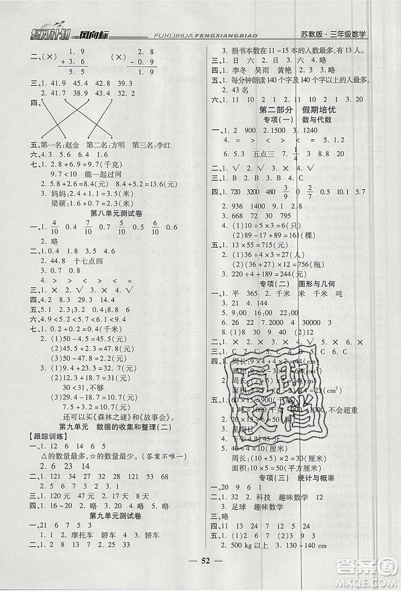 2019小學(xué)生復(fù)習(xí)計(jì)劃風(fēng)向標(biāo)暑假三年級(jí)數(shù)學(xué)蘇教版答案