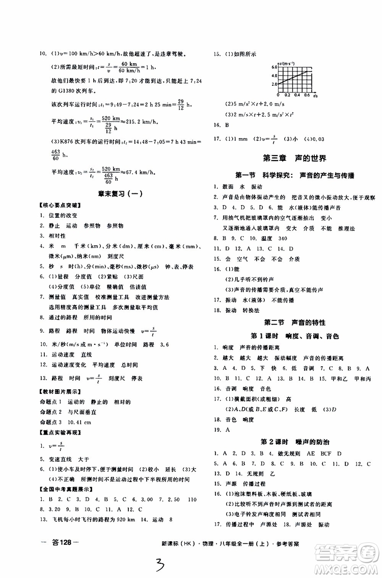 2019年全品作業(yè)本物理八年級全一冊上新課標HK滬科版云南專用參考答案