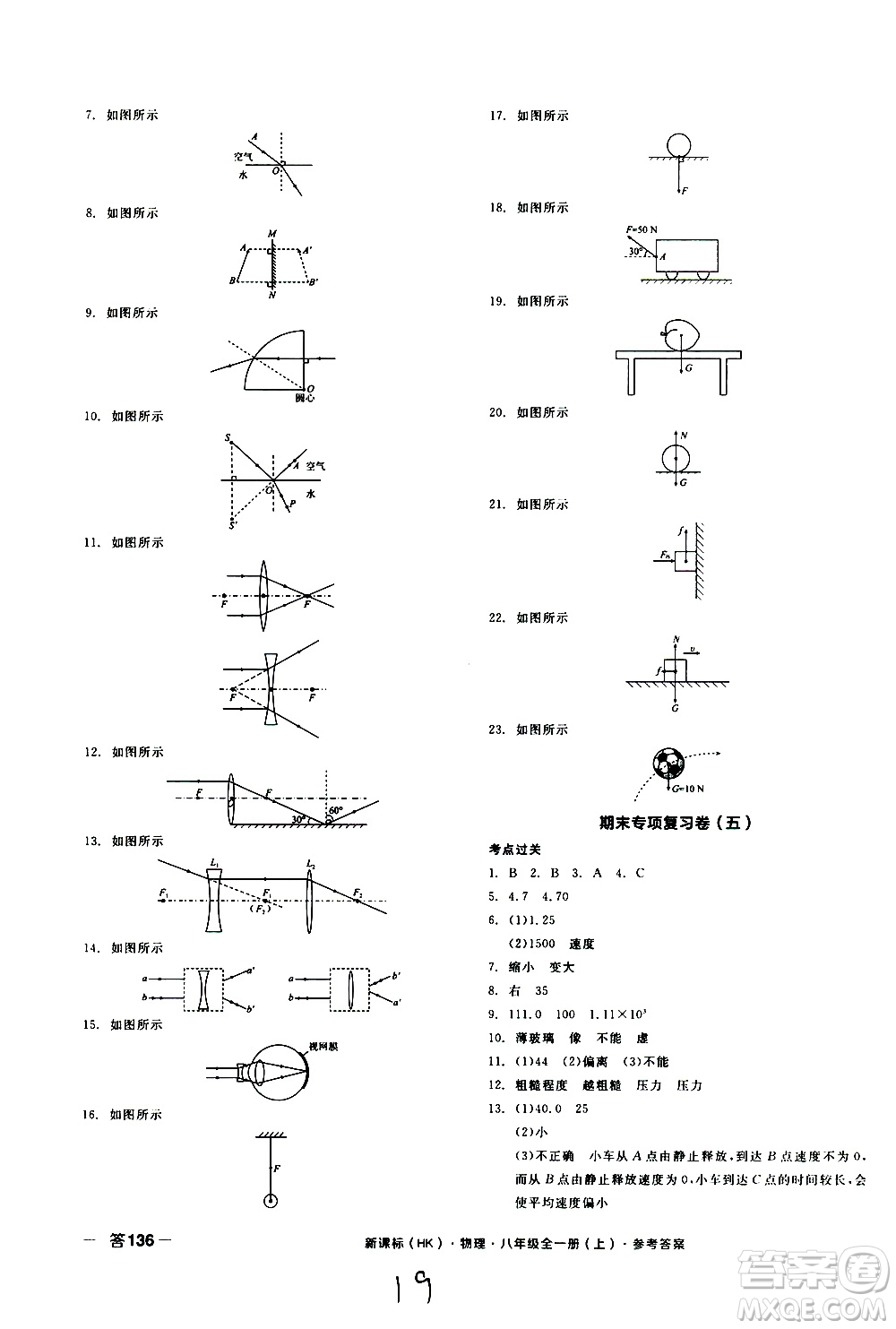 2019年全品作業(yè)本物理八年級全一冊上新課標HK滬科版云南專用參考答案