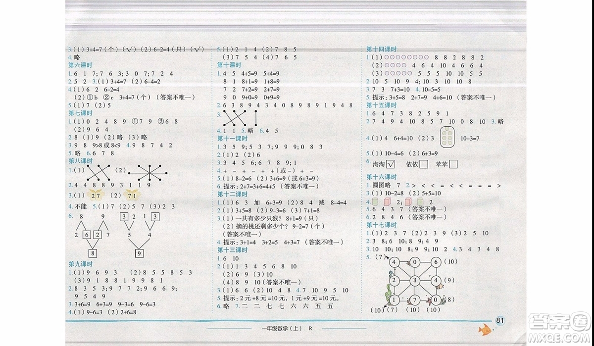 2019新版黃岡小狀元作業(yè)本一年級上冊數(shù)學(xué)R人教版參考答案