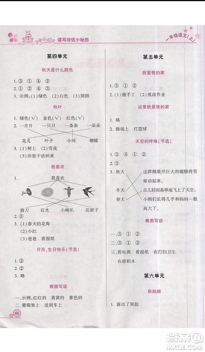 黃岡小狀元2019新版讀寫培優(yōu)小秘招一年級(jí)上冊(cè)語(yǔ)文參考答案