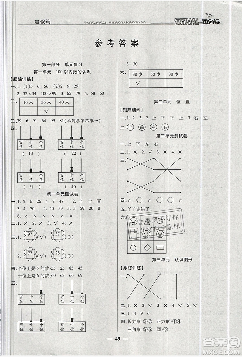 2019小學(xué)生復(fù)習(xí)計(jì)劃風(fēng)向標(biāo)暑假1年級(jí)數(shù)學(xué)西師大版答案