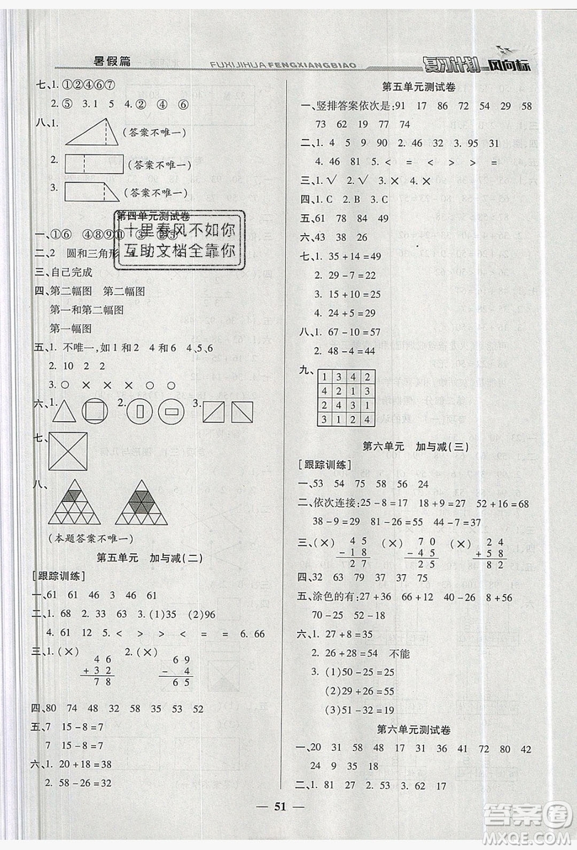 2019小學(xué)生復(fù)習(xí)計劃風(fēng)向標暑假1年級數(shù)學(xué)北師大版答案