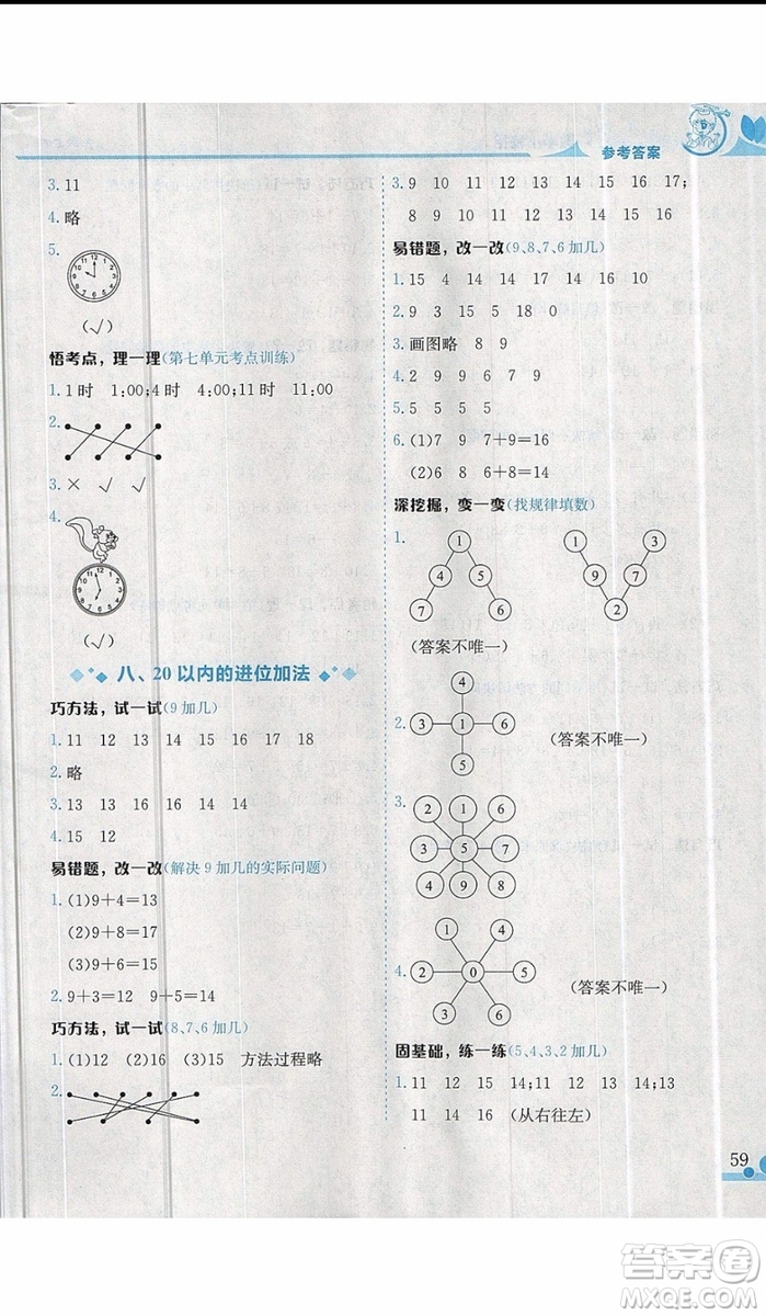 黃岡小狀元2019新版讀寫培優(yōu)小秘招一年級上冊數(shù)學(xué)參考答案