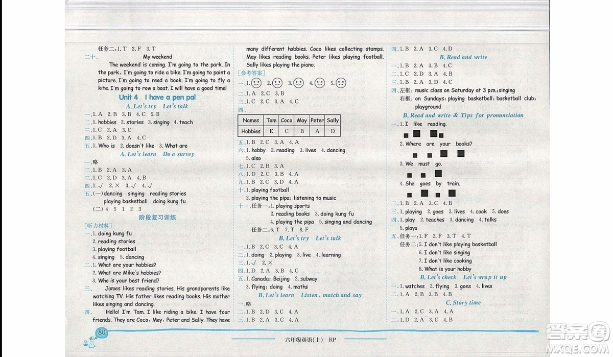 2019新版黃岡小狀元作業(yè)本六年級(jí)上冊(cè)英語(yǔ)人教版參考答案