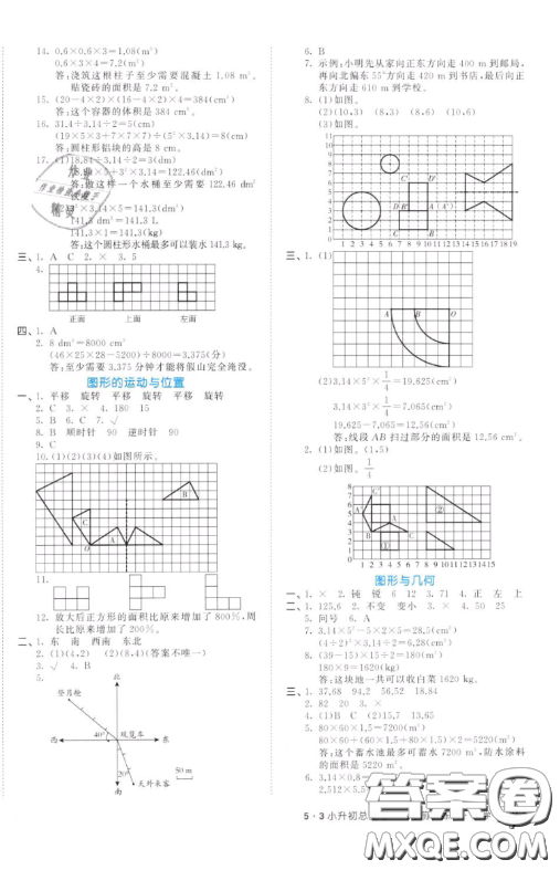 2019小學數學53小升初總復習考前講練測參考答案