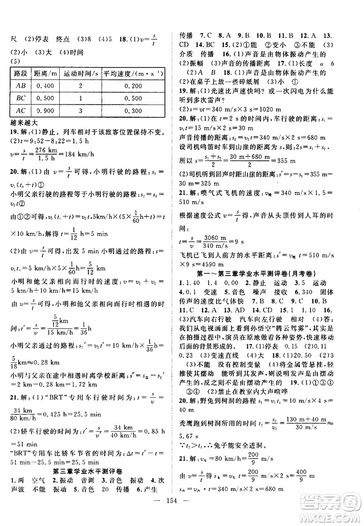 萬羽文化2019年秋名師學(xué)案分層進階學(xué)習(xí)法八年級上冊物理HK滬科版參考答案