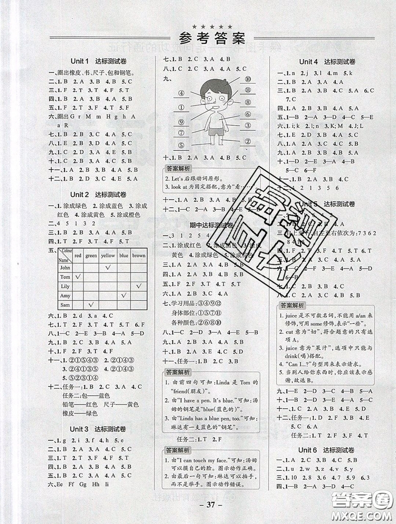 2019年秋小學(xué)學(xué)霸作業(yè)本三年級英語上冊答案