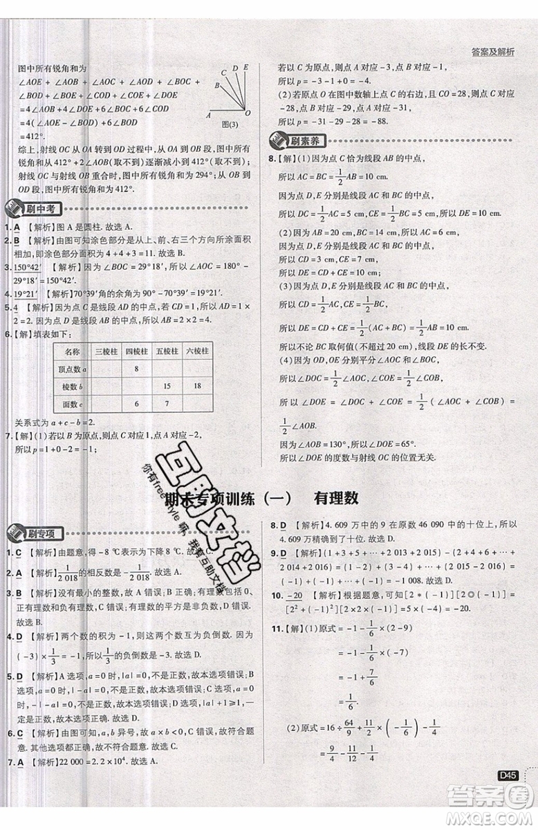 開明出版社2019新版初中必刷題七年級上冊數(shù)學(xué)RJ人教版答案