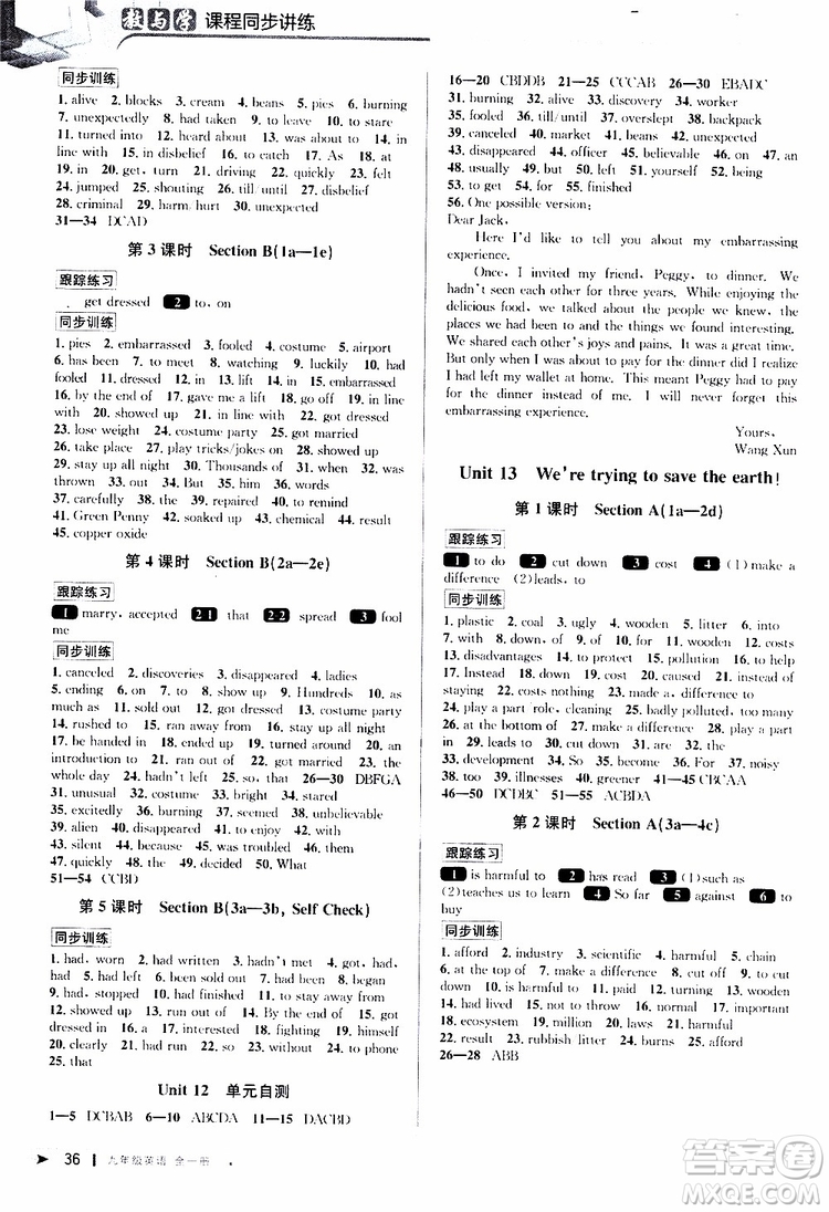 2020版教與學(xué)課程同步講練九年級(jí)英語(yǔ)人教新目標(biāo)版全一冊(cè)參考答案