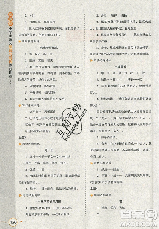 2019新課標(biāo)小學(xué)生語(yǔ)文閱讀與寫作高效訓(xùn)練最新版四年級(jí)參考答案