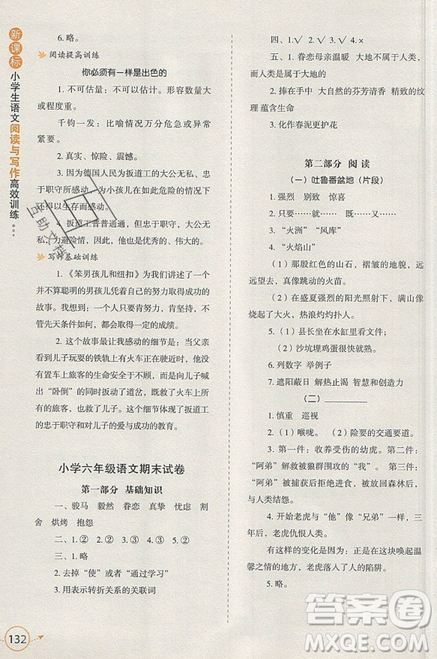 2019新課標(biāo)小學(xué)生語(yǔ)文閱讀與寫作高效訓(xùn)練最新版六年級(jí)參考答案