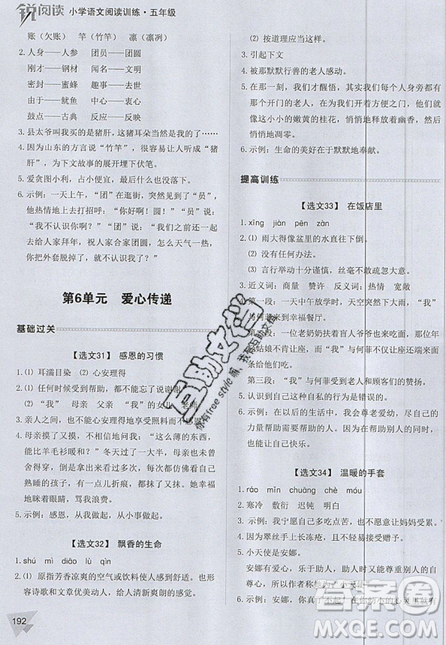 2019新版銳閱讀小學(xué)語(yǔ)文閱讀訓(xùn)練100篇五年級(jí)通用版參考答案