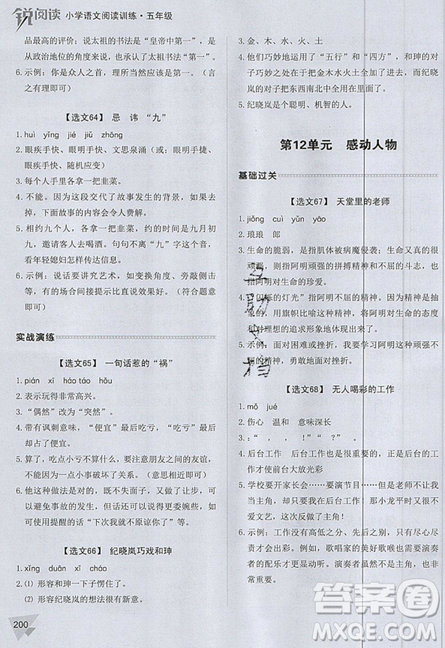 2019新版銳閱讀小學(xué)語(yǔ)文閱讀訓(xùn)練100篇五年級(jí)通用版參考答案