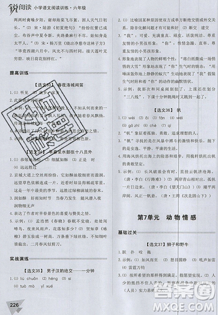 2019新版銳閱讀小學(xué)語文閱讀訓(xùn)練100篇六年級通用版參考答案