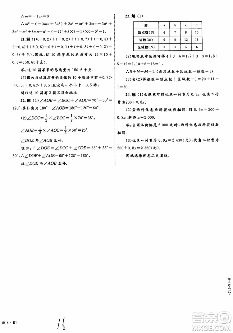 2019年優(yōu)化設(shè)計單元測試卷七年級上冊數(shù)學(xué)RJ人教版參考答案