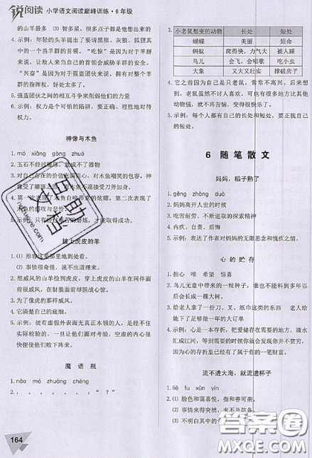 文化發(fā)展出版社2019銳閱讀小學(xué)語文閱讀巔峰訓(xùn)練六年級(jí)參考答案