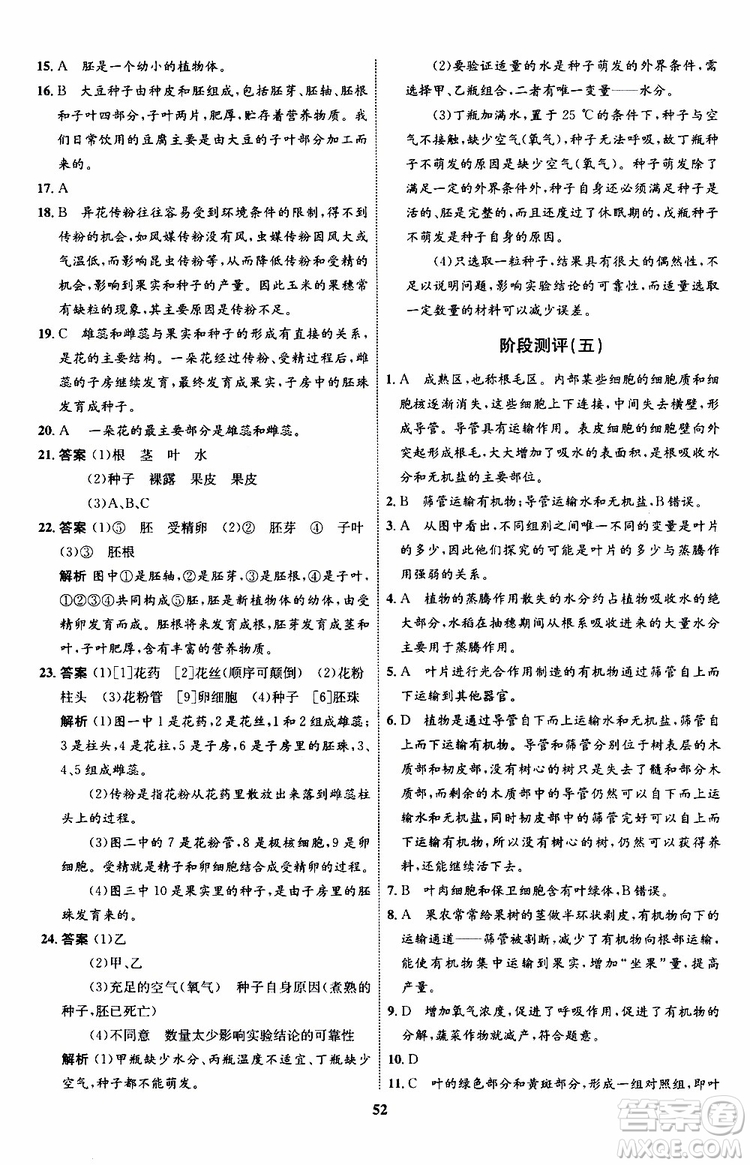 2019年初中同步學考優(yōu)化設(shè)計生物七年級上冊RJ人教版參考答案