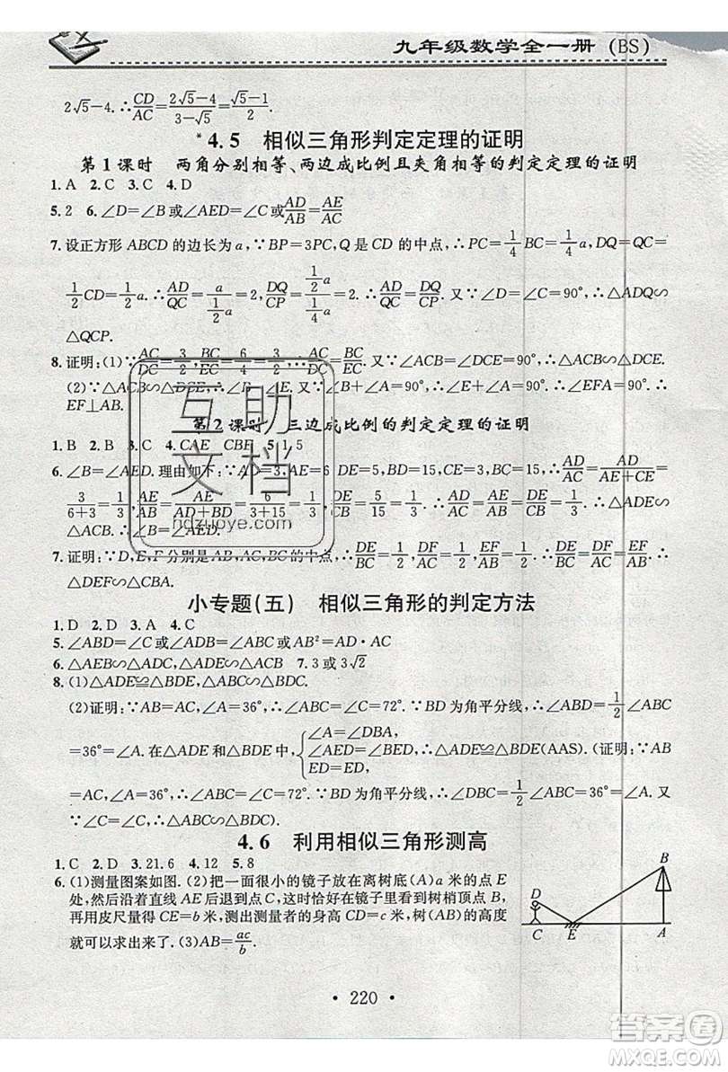 2019名校課堂小練習(xí)九年級(jí)數(shù)學(xué)全一冊(cè)北師大版答案