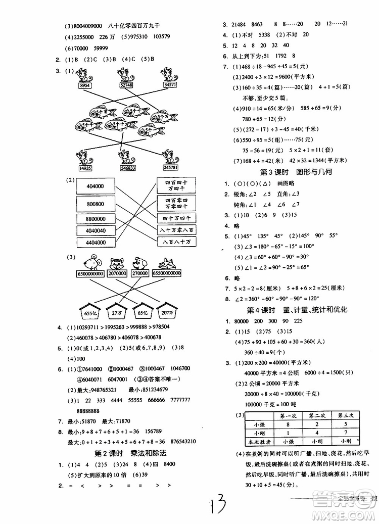 2019秋全品學(xué)練考四年級(jí)上冊(cè)數(shù)學(xué)RJ人教版參考答案