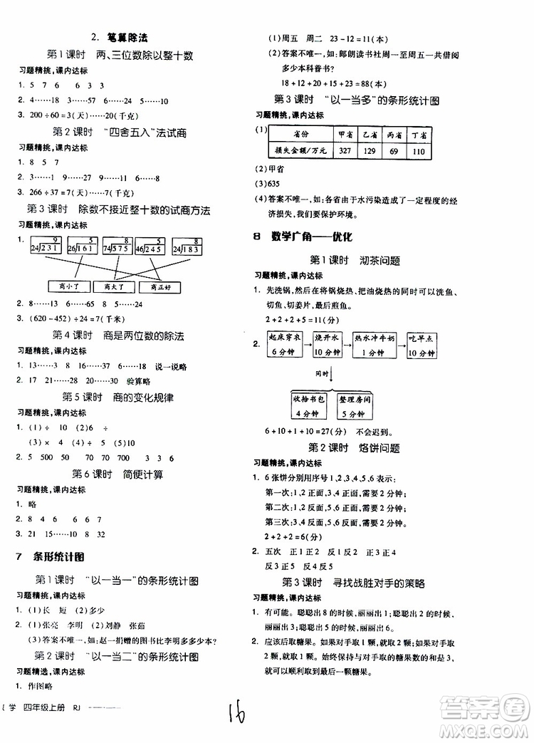 2019秋全品學(xué)練考四年級(jí)上冊(cè)數(shù)學(xué)RJ人教版參考答案