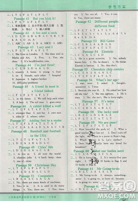 李光明主編2019點(diǎn)津英語(yǔ)小學(xué)英語(yǔ)同步閱讀80篇六年級(jí)參考答案