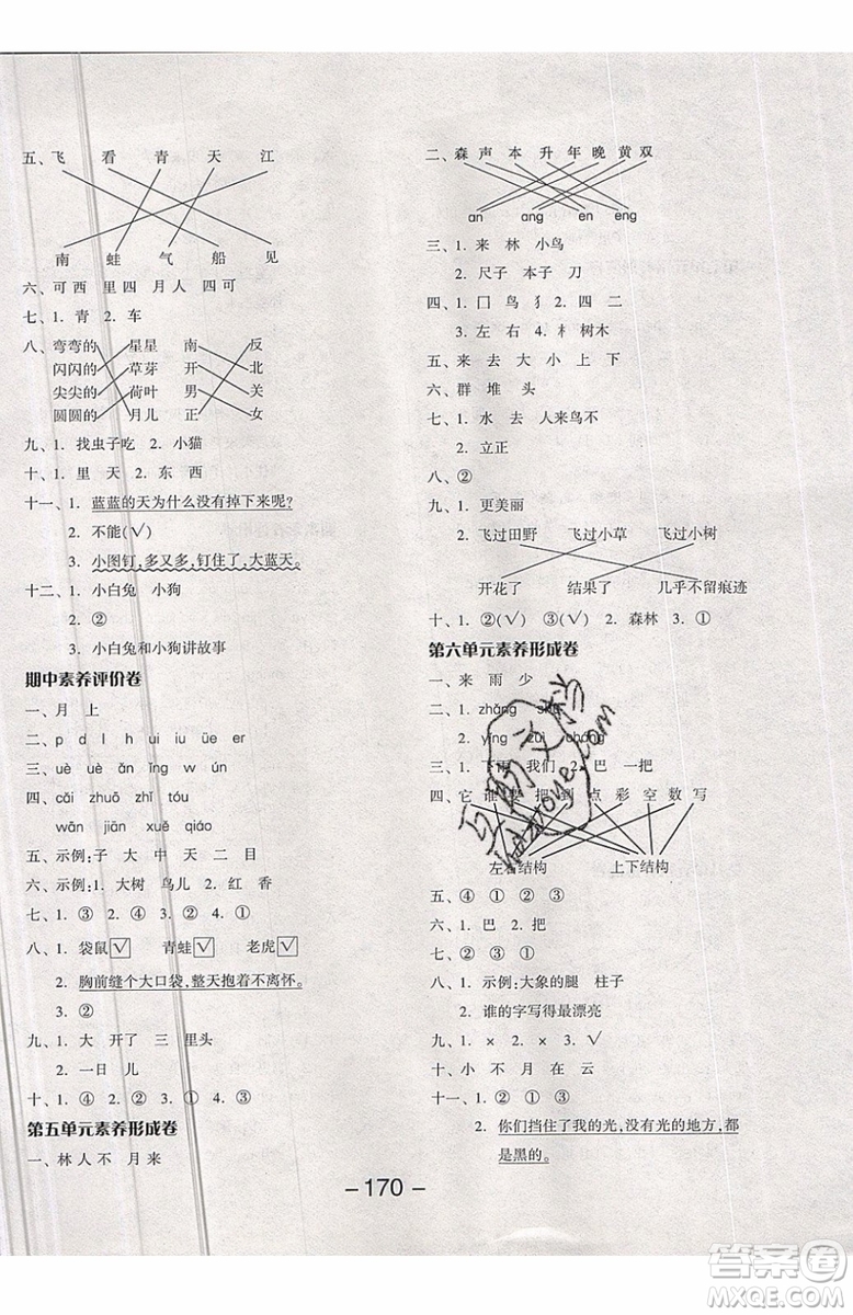 2019秋全品學(xué)練考一年級上冊語文RJ人教版參考答案