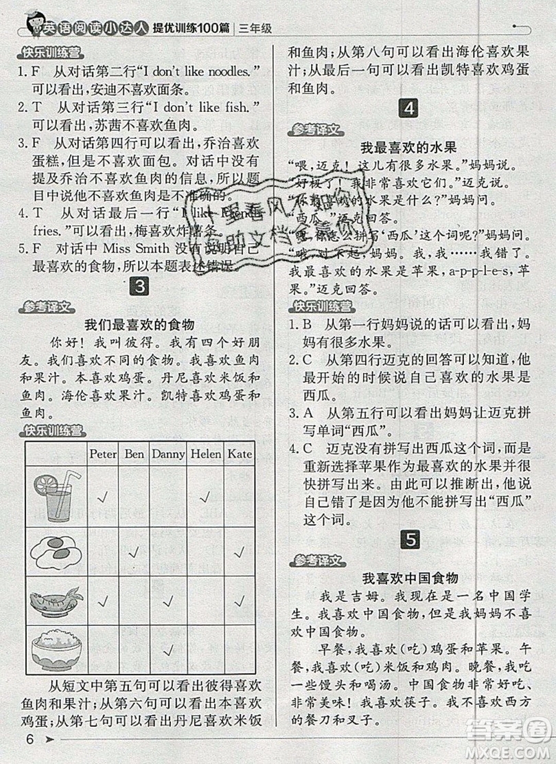 本真圖書2019英語(yǔ)閱讀小達(dá)人提優(yōu)訓(xùn)練100篇三年級(jí)參考答案