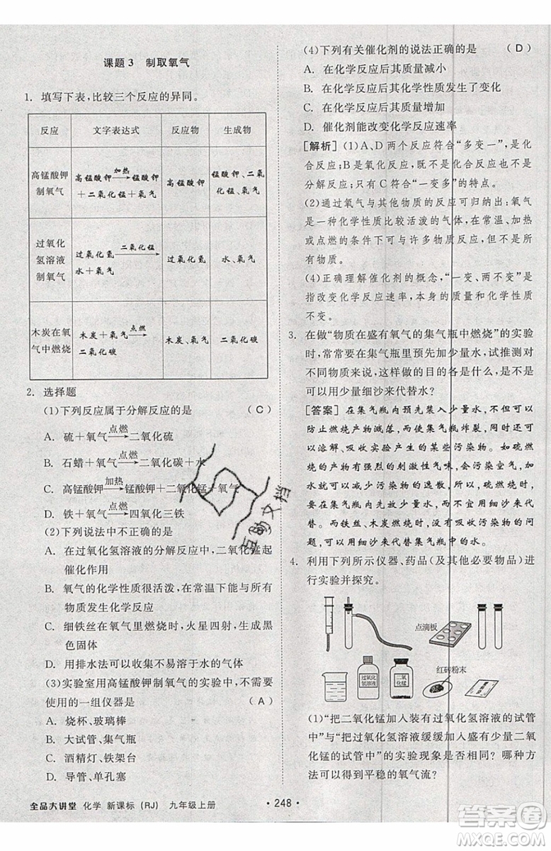 2019年全品大講堂化學(xué)九年級(jí)上冊(cè)人教版RJ參考答案及教材習(xí)題答案