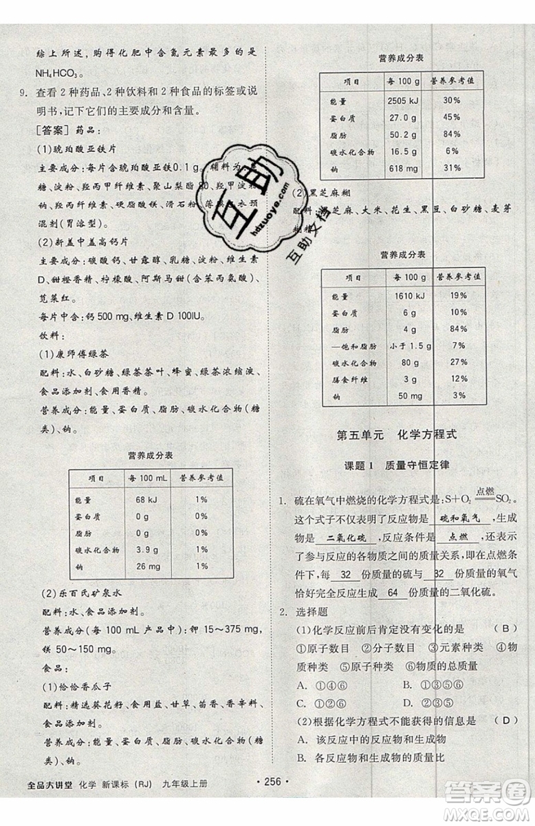 2019年全品大講堂化學(xué)九年級(jí)上冊(cè)人教版RJ參考答案及教材習(xí)題答案