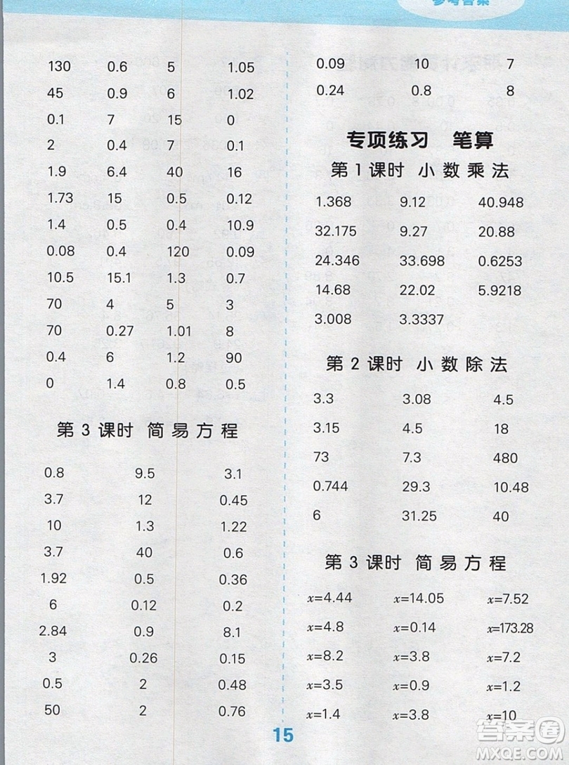 2019年秋新版小學(xué)口算大通關(guān)五年級上冊數(shù)學(xué)人教版答案