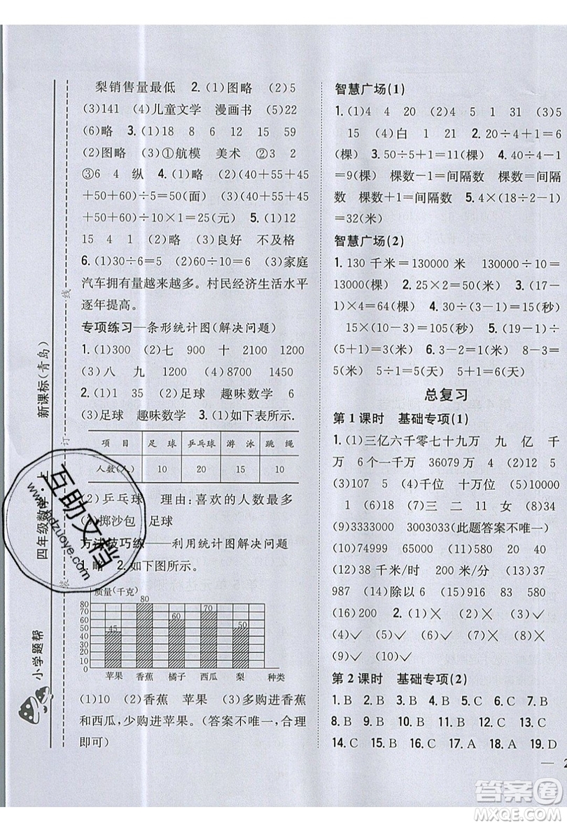 吉林人民出版社2019小學(xué)題幫數(shù)學(xué)四年級上冊青島版參考答案