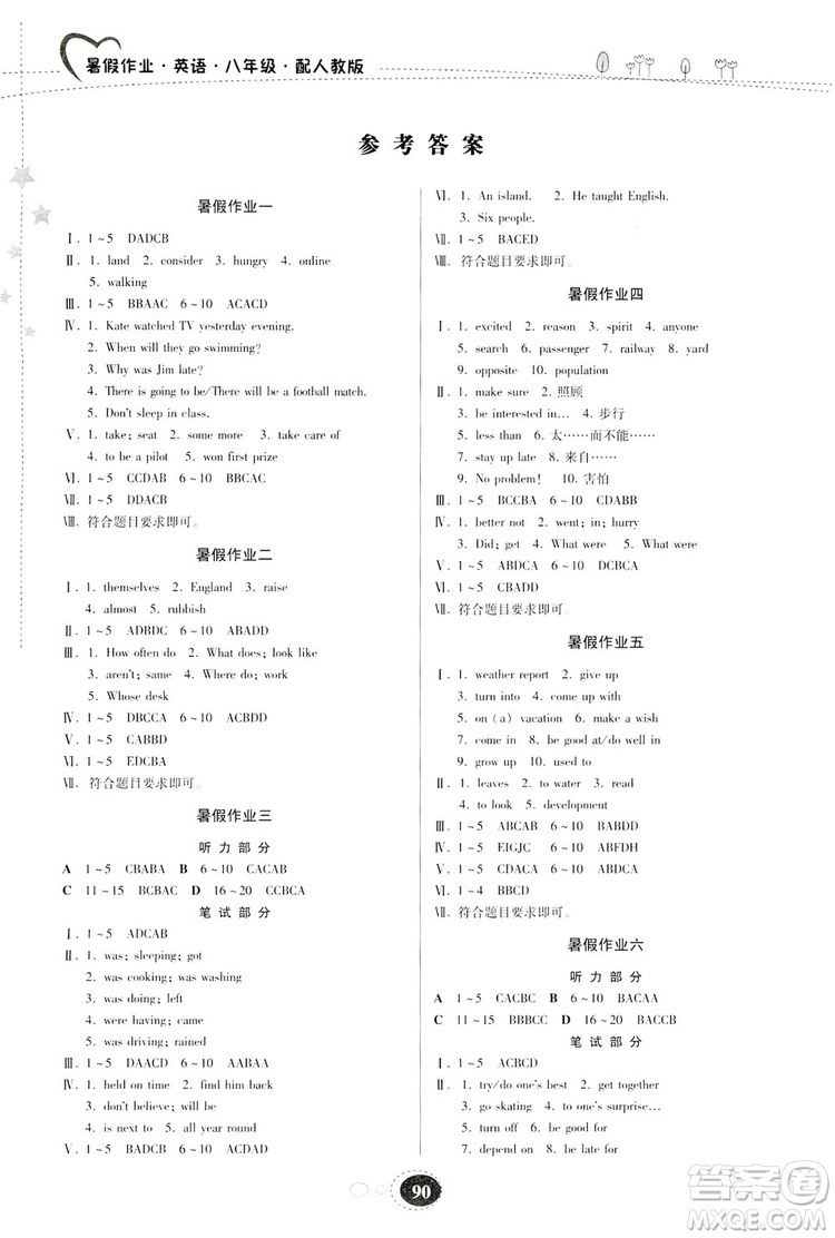 貴州人民出版社2019暑假作業(yè)八年級英語人教版答案