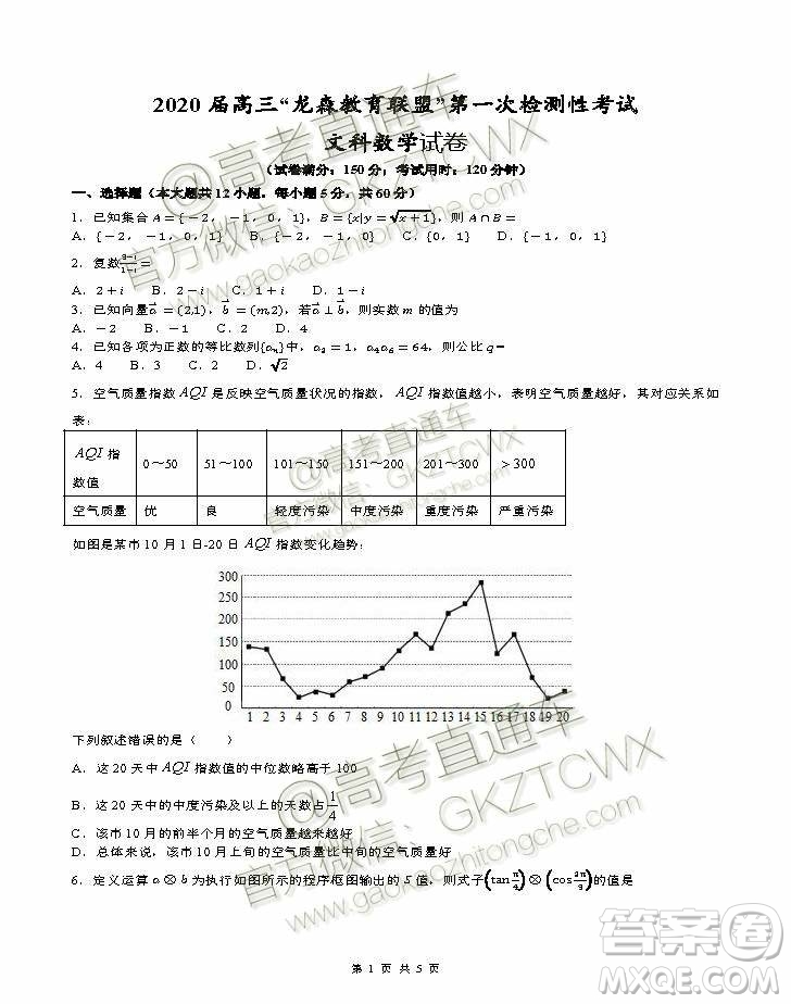 2020屆高三龍森教育聯(lián)盟第一次檢測性考試文理數(shù)試題及答案